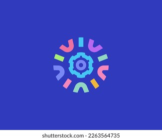 Gear logo design. Cogwheel logotype in a frame from colored shapes. Mechanism mechanic icon. Vector illustration.