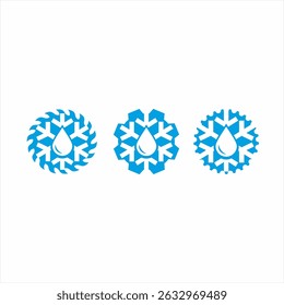 Design do logotipo da engrenagem com flocos de neve e símbolos de gota de água.