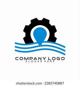 Gear logo design with water and waves symbol.