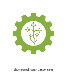 Gear Logo with green tree  vector icon. Abstract Gear sign on white background.