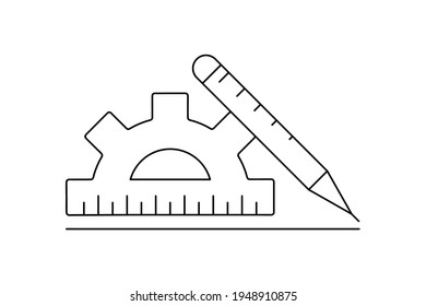 Gear logo icon set consisting of meters. Construction and ruler icons. Ruler and pencil icons on white background. Technical line art vector illustration. Editable line set