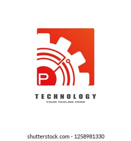 Gear logo, industrial emblem,sign,symbol,vector logo technology for business corporate, team work,factory icon, connection, mechanical engineering, machine, illustration element, P, 