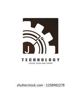 Gear logo, industrial emblem,sign,symbol,vector logo technology for business corporate, team work,factory icon, connection, mechanical engineering, machine, illustration element, J
