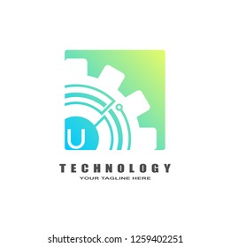 Gear logo, industrial emblem,sign,symbol,vector logo technology for business corporate, team work,factory icon, connection, mechanical engineering, machine, illustration element, U