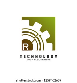 Gear logo, industrial emblem,sign,symbol,vector logo technology for business corporate, team work,factory icon, connection, mechanical engineering, machine, illustration element, R