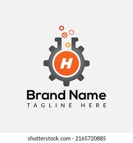 Gear Logo On Letter H Template. Lab On H Letter, Initial Gear and Lab Sign Concept 