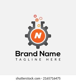 Gear Logo On Letter N Template. Lab On N Letter, Initial Gear and Lab Sign Concept 