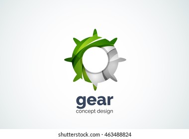 Plantilla de logotipo de engranajes, concepto de trabajo e ingeniería de tecnología digital de alta tecnología - estilo mínimo geométrico, creado con elementos de curva y ondas superpuestas. Emblema de identidad corporativa, abstracto