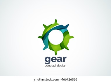 Plantilla de logotipo de engranajes, concepto de trabajo e ingeniería de tecnología digital de alta tecnología - estilo mínimo geométrico, creado con elementos de curva y ondas superpuestas. Emblema de identidad corporativa, abstracto