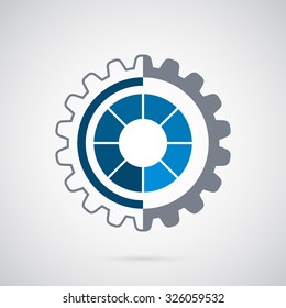 Gear logo template. Sectioned blue circle inside the grey gear. Creative symbol for company identity, advertising, poster, banner, web and flyer.
