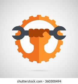 Gear logo template. The spanner in the hand and gear combined in vector sign. Creative and modern symbol for company identity, advertising, poster, banner, web and flyer.