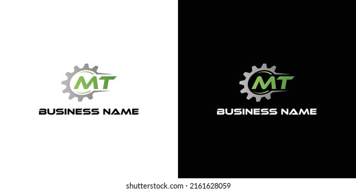 Cara de engranaje con letra MT diseños de plantilla Vector, símbolo de logotipo mecánico, plantilla de icono de logotipo