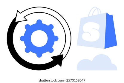 Gear in a loop with black and white arrows, blue shopping bag, and blue cloud. Ideal for automation, e-commerce, cloud computing, technology, and digital transformation. Simple and modern style