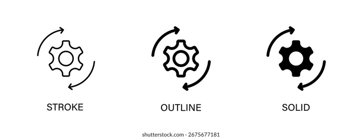 Gear and loop icons for system update, install, automation. Vector icon with line and solid style.