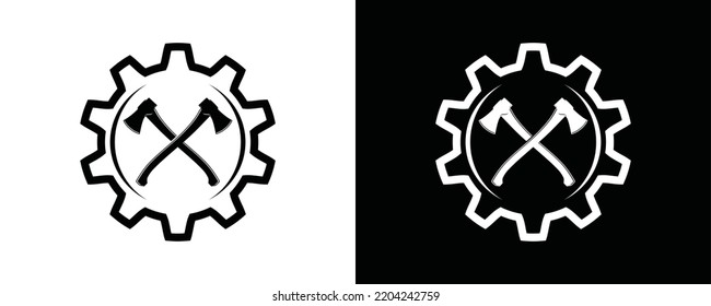Gear machine with crossed axe symbol icon vector