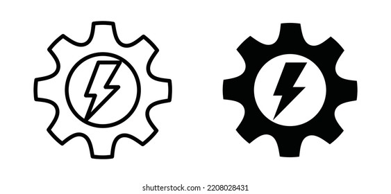 Máquina de engranajes con vectores de icono de rayo o perno. Cog con silueta de icono de flash o trueno