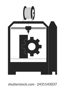 Gear machine part on 3d printer black and white 2D line cartoon object. Additive manufacturing cogwheel isolated vector outline item. Technology three-dimensional monochromatic flat spot illustration