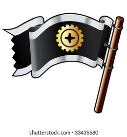 Gear, machine, or technology icon on black, silver, and gold vector flag good for use on websites, in print, or on promotional materials