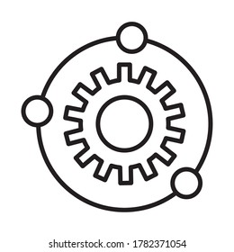 gear machine work with spheres orbiting line style icon vector illustration design