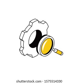 Gear magnifier analytics search. Vector 3d isometric, color web icon, new flat style. Creative illustration design, idea for infographics.