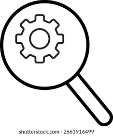Engrenagem com ícone de lupa representando configurações avançadas ou diagnósticos do sistema com fundo transparente