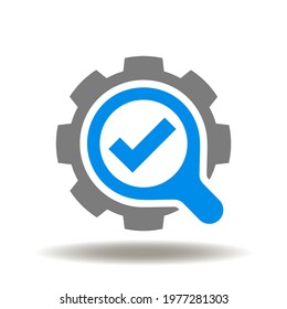 Gear with magnifying glass and check mark vector illustration. Standards Quality Control Assurance Symbol.