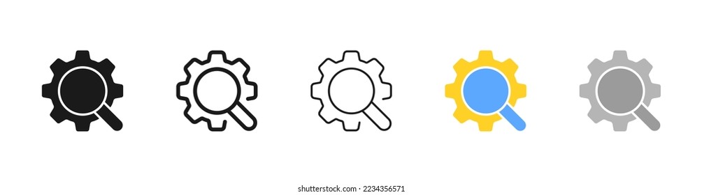 Gear with Magnifying glass line icon. Setting, configuration, worker, repairman, engineer, tutorial, development. Setup concept. Vector five icon in different style on white background