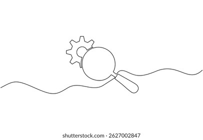 Gear and magnifying glass linear icon. Continuous one line drawing gear and magnifying glass, Continuous one line drawing gear and magnifying glass icon. Vector illustration.