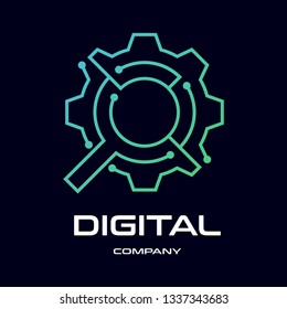 Gear Magnifying Glass Vector Logo Template. This design with technology and dot symbol.