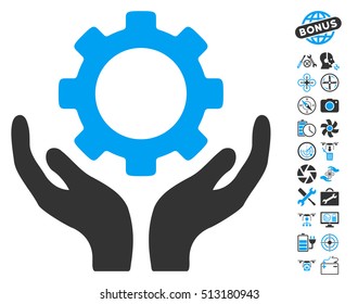 Gear Maintenance Hands icon with bonus quad copter tools design elements. Vector illustration style is flat iconic blue and gray symbols on white background.