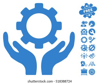 Gear Maintenance Hands icon with bonus configuration design elements. Vector illustration style is flat iconic cobalt symbols on white background.