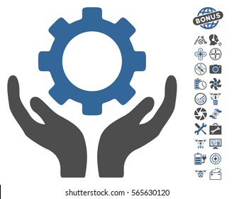 Gear Maintenance Hands icon with bonus airdrone service graphic icons. Vector illustration style is flat iconic cobalt and gray symbols on white background.