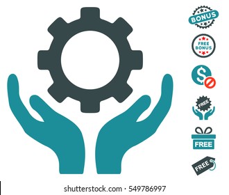 Gear Maintenance Hands icon with free bonus graphic icons. Vector illustration style is flat iconic symbols, soft blue colors, white background.