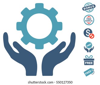 Gear Maintenance Hands icon with free bonus clip art. Vector illustration style is flat iconic symbols, cyan and blue colors, white background.