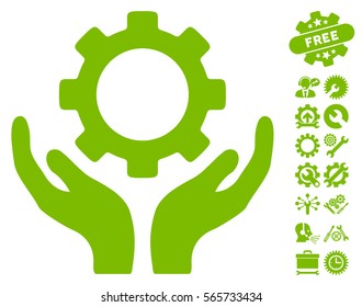 Gear Maintenance Hands pictograph with bonus settings pictograms. Vector illustration style is flat iconic eco green symbols on white background.