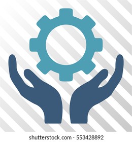 Gear Maintenance Hands vector pictogram. Illustration style is flat iconic bicolor cyan and blue symbol on a hatch transparent background.