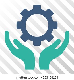 Gear Maintenance Hands vector pictogram. Illustration style is flat iconic bicolor cobalt and cyan symbol on a hatched transparent background.