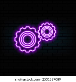 Equipo, mantenimiento. Icono de Vector de neón rosa. Símbolo de engranaje brillante aislado en el fondo de la pared de ladrillo.4.