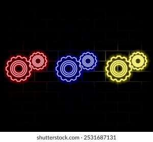 Gear, maintenance. Pink neon vector icon. Glowing gear symbol isolated on brick wall background.