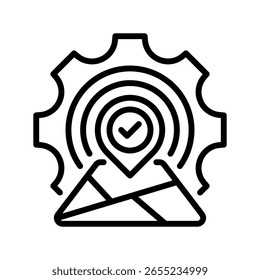 Engrenagem com ícone de linha de pino de mapa, símbolo de estrutura de tópicos para configurações de localização, localização geográfica, otimização de rotas, filiais comerciais e gerenciamento logístico. Ícone de sinal vetorial.