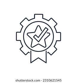 A gear marked with a star and a check mark. Patented technology.  Vector linear icon isolated on white background.