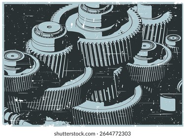 Gear mechanism close up stylized vector isometric illustration in retro poster style