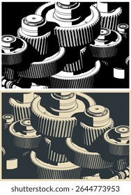 Gear mechanism close up stylized vector illustrations