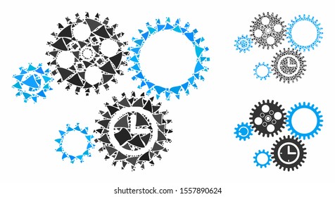 Gear mechanism composition of bumpy elements in various sizes and color tones, based on gear mechanism icon. Vector tuberous elements are organized into mosaic.