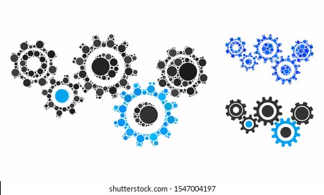 Gear mechanism composition of small circles in variable sizes and color tinges, based on gear mechanism icon. Vector filled circles are composed into blue mosaic.