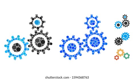 Gear mechanism composition of spheric dots in various sizes and color hues, based on gear mechanism icon. Vector dots are composed into blue composition.