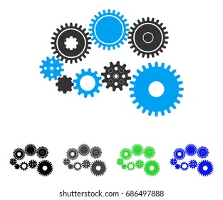 Gear Mechanism flat vector illustration. Colored gear mechanism gray, black, blue, green icon versions. Flat icon style for graphic design.