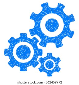 Gear Mechanism grainy textured icon for overlay watermark stamps. Flat symbol with dust texture. Dotted vector blue ink rubber seal stamp with grunge design on a white background.