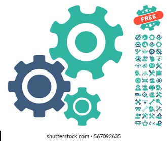 Icono Mecanismo de engranaje con iconos de gráficos de configuración de bonificación. El estilo de ilustración vectorial es el cobalto y los símbolos cian plano sobre fondo blanco.