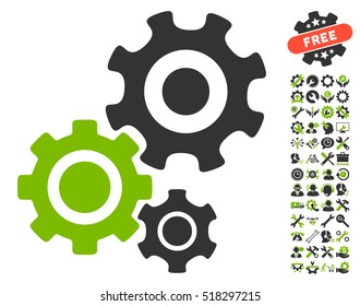 Gear Mechanism icon with bonus options pictograph collection. Vector illustration style is flat iconic eco green and gray symbols on white background.